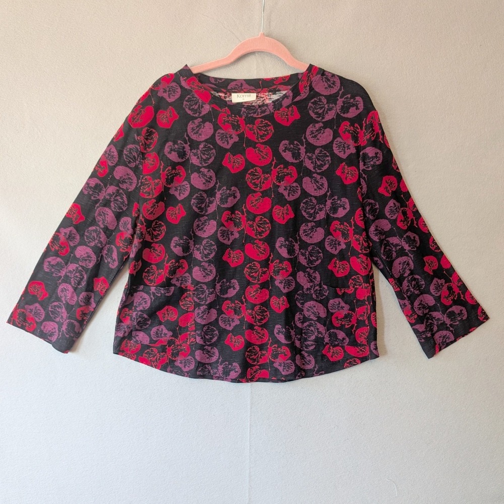 Komil Top Black Red Purple Botanical Print 100% Cotton Slub Pockets Women XL
